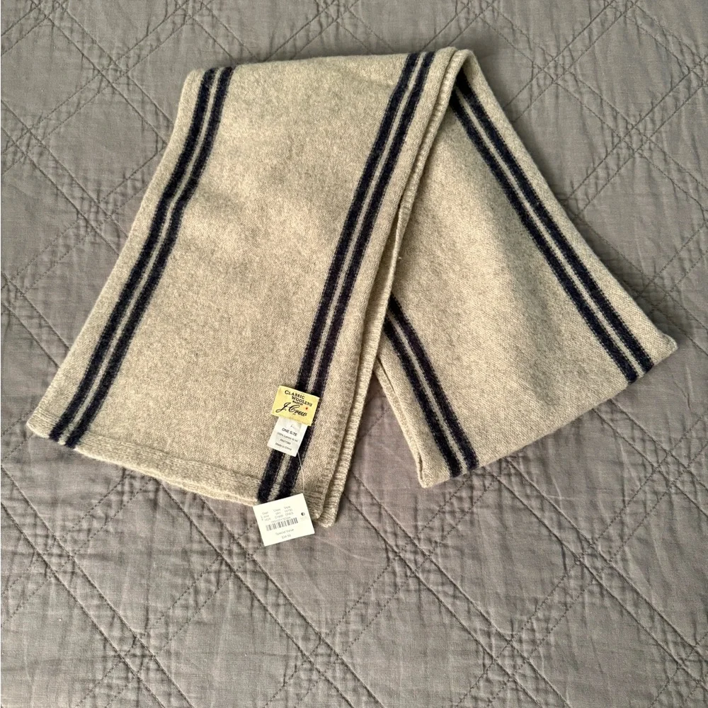 J. Crew 100% Lambswool Gray with Black Strips scarf NEW WITH TAGS